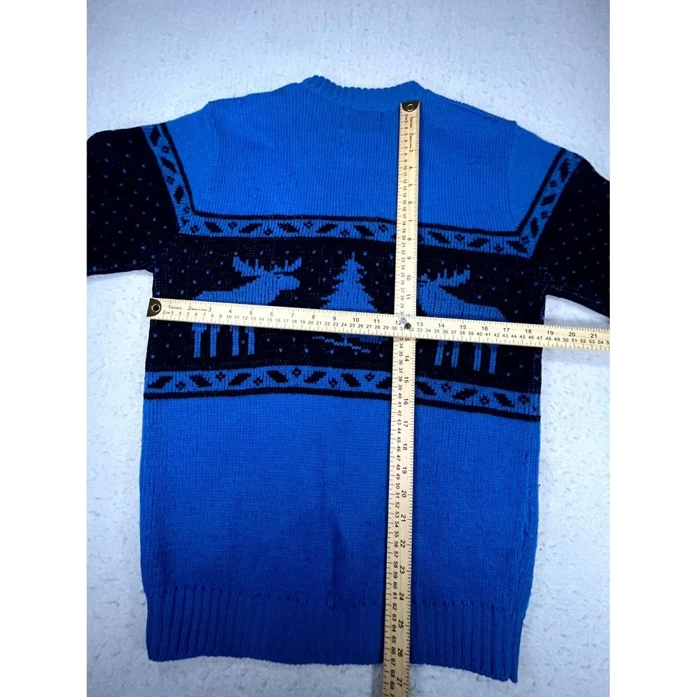 Vintage 80s ALPS Sweater Mens Medium Blue Black Wool Moose Reindeer Ski Nordic